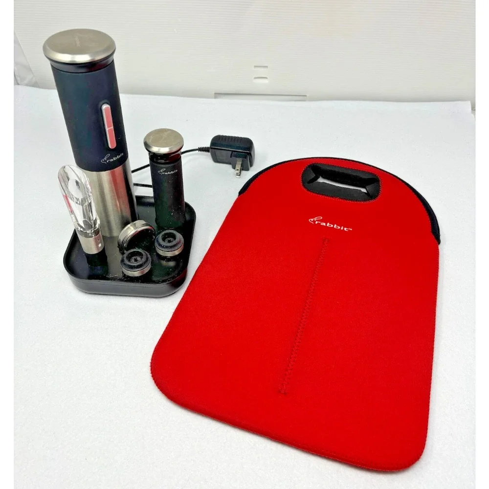 RABBIT Electric Wine Opener 8pc Set with Charging Base Wine Bag Test‎ Works